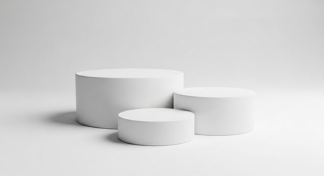 Three white cylindrical podiums on a white background, showcasing a minimalist product display scene, ideal for mockup or presentation purposes.  Free space for text.