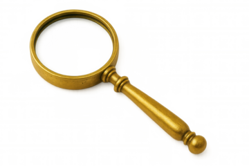 Metallic golden magnifying glass gleaming, highlighting detailed research and discovery elements