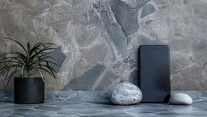 A sleek black phone rests on a marble surface, flanked by smooth stones and a potted plant against a textured stone wall.  The scene evokes a minimalist, modern aesthetic