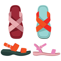 Set colored summer sandals cartoon style various open sandals isolated vector illustration on white background
