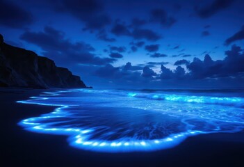 Dark, coastal scene at twilight; bioluminescent waves glow intensely blue on a dark sandy beach, lapping gently against the shore under a partly cloudy sky, with cliffs visible in the background