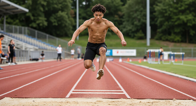Athletic young man jumping in long jump competition on track  