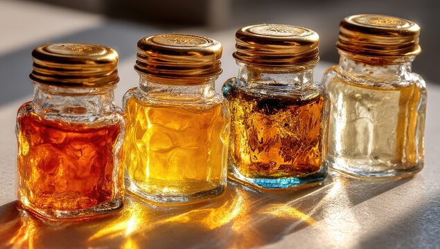Small glass jars, various colors, gold lids - Powered by Adobe
