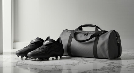 Black soccer cleats and sports bag on a marble floor  