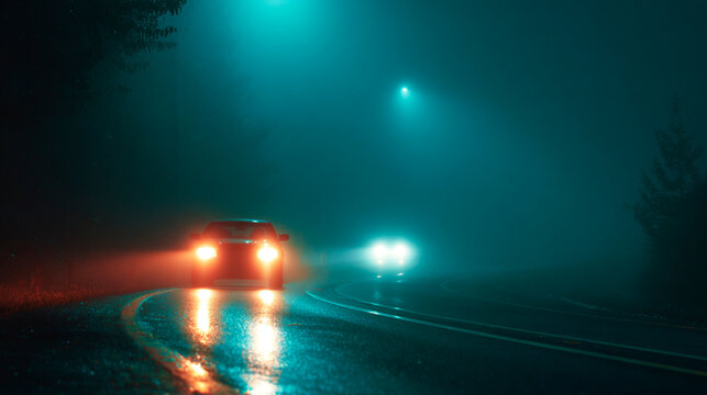 Vehicles driving at night down a dark, winding road obscured by heavy fog illuminated by streetlights