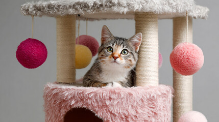 A tabby cat rests in a pink, fluffy cat tree, looking upwards towards colorful hanging toy balls.