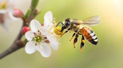 Honeybee in Flight Collecting Pollen from White Flower