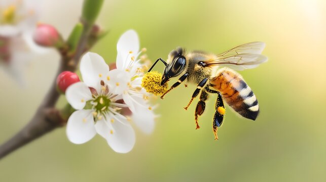 Honeybee in Flight Collecting Pollen from White Flower