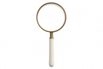 Golden magnifying glass with white handle isolated on transparent background, searching and discovery concept