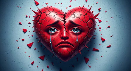 Broken red heart with face, crying tears, surrounded by shards, symbolizing heartbreak, pain, and sadness.  Suitable for Valentine's Day, grief, or sorrow concepts. Free space for text
