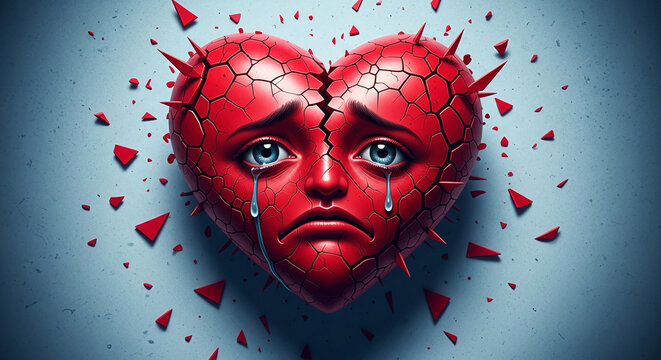 Broken red heart with face, crying tears, surrounded by shards, symbolizing heartbreak, pain, and sadness.  Suitable for Valentine's Day, grief, or sorrow concepts. Free space for text