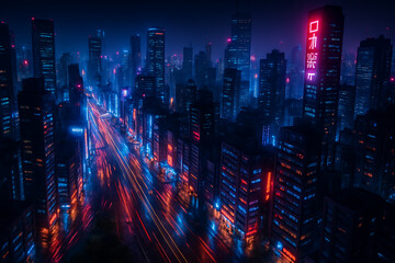 Cyberpunk City Nightscape with Neon Lights and Dynamic Light Trails.
