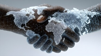 Global business partnership handshake with world map overlay, symbolizing international collaboration and success