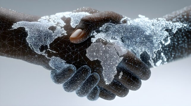 Global business partnership handshake with world map overlay, symbolizing international collaboration and success