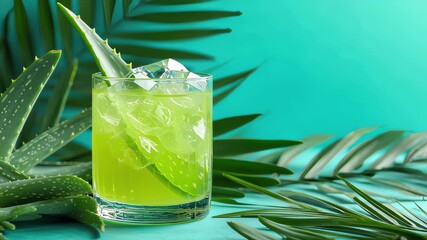 Refreshing aloe vera cocktail garnished with fresh leaves set against a vibrant turquoise background