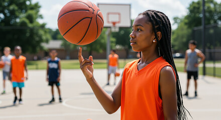 Young girl spining basketball on finger while playing outdoors