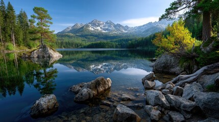 Fototapeta premium Tranquil alpine lake mirroring majestic snow capped mountains amidst a dense evergreen forest with rocky shores and a clear blue sky on a serene morning.