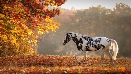 majestic spotted horse walking through autumn foliage in a tranquil landscape