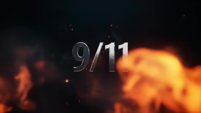 9/11 memorial with metallic text and atmospheric smoke, a somber remembrance of a tragic day, evoking feelings of loss and reflection