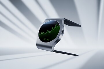 Modern smartwatch displaying financial data with sleek design and vibrant green graph for trends