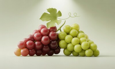 Fototapeta premium Two clusters of grapes, one red and one green, sit side-by-side on a neutral background, lit from above. A single vine leaf rests atop the clusters. The grapes are plump and appear very ripe