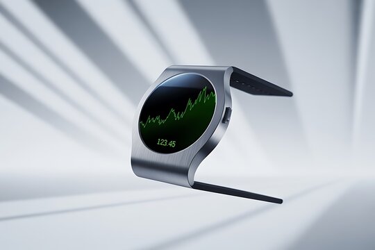 Modern smartwatch displaying financial data with sleek design and vibrant green graph for trends