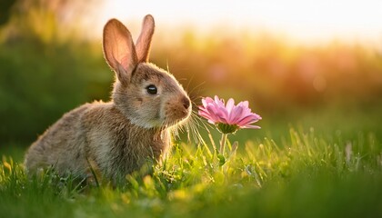 Fototapeta premium adorable brown bunny gazing at a pink flower in a lush green meadow during golden hour