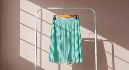 Stylish Mint Green Pleated Midi Skirt Displayed on Clothing Rack, Bathed in Warm Sunlight - Trendy Women's Fashion