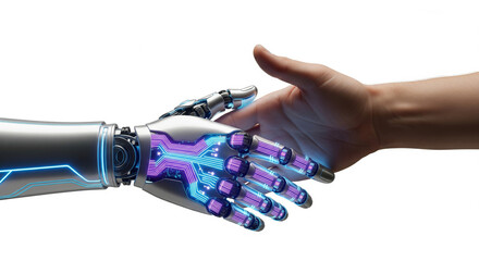 Handshake in futuristic style with holographic projections, neon energy lines, and cybernetic hands on clean white background for business, AI, and technology design concept