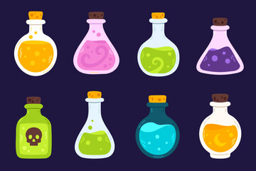 Collection of colorful potion bottles with glowing liquids. Perfect for Halloween, fantasy games, witchcraft and magic design