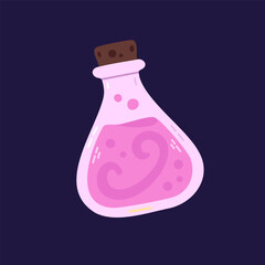 Pink potion bottle with swirling magical liquid. Vector isolated design