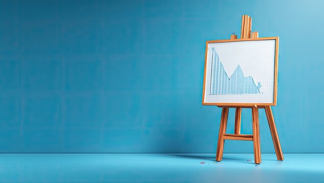 A wooden easel displays a hand-drawn bar graph depicting a sharp decline, set against a solid blue backdrop.  A few small red objects lie scattered on the floor
