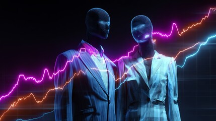 Stylized business mannequins with financial graphs