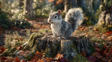 Naklejka premium Adorable grey squirrel perched on a mossy tree stump in an autumnal forest setting