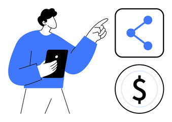 Displaying a person holding a tablet, pointing to sharing and dollar icons. Ideal for digital communication, networking, finance, app usage, technology adoption, e-commerce, simple landing page