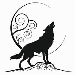 Wolf howling under spiral night silhouette