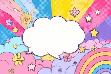 A vibrant, whimsical illustration featuring a large blank speech bubble s