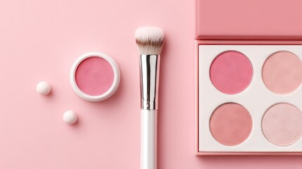 Pink blush palette and brush on a pink background.