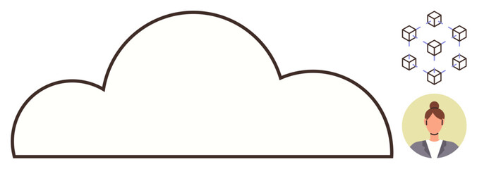 Large outlined cloud, blockchain cubes, and user icon visually represent digital storage, decentralization, and connectivity. Ideal for cloud technology, blockchain, data sharing, networking