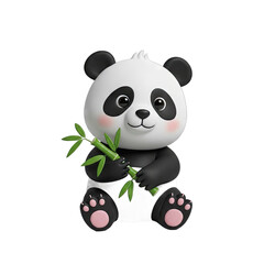 Fototapeta premium A charming cartoon panda cub sits, holding a bamboo stalk, in a whimsical style.