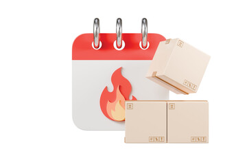 3d calendar with fire and delivery boxes icon. urgent shipping and hot sale day concept. Minimal cartoon logistics schedule isolated on white background. 3d render.