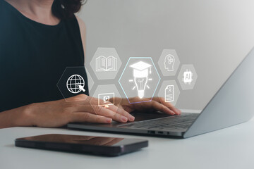 Online learning and digital education concept with woman using a laptop, virtual icons of e-learning, Ai artificial intelligence, global connection, innovative technology for modern knowledge sharing.