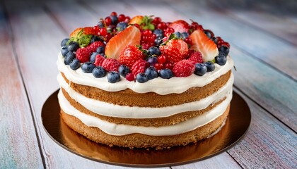 delicious cake naked cake with berries and whipped cream