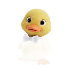 A charming, yellow duckling character sports a stylish dark blue bow tie, showcasing vibrant colors and a playful expression.