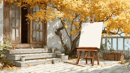 Obraz premium Autumnal artist's studio exterior. A blank canvas on an easel sits on a porch with wooden steps, beneath a canopy of golden autumn leaves