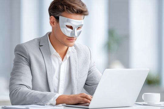 Man in silver mask using laptop in bright modern office, dressed in light suit, posing as professional during virtual meeting, symbolizing deception, online anonymity, or digital identity fraud