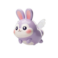 A delightful, purple, cartoon rabbit with wings floats against a black background.