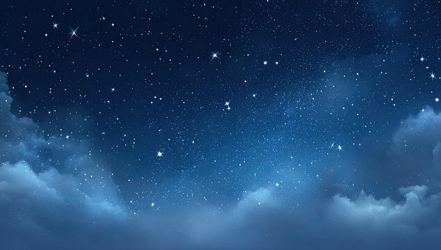 A serene night sky scene, showcasing a vast expanse of dark blue, speckled with countless stars of varying brightness, partially obscured by a layer of soft, low-lying clouds at the bottom