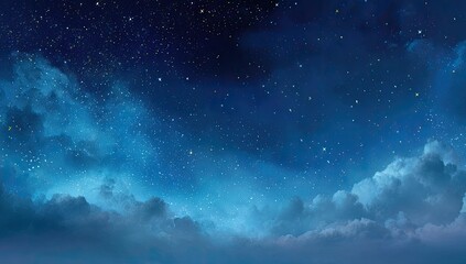 A nighttime scene featuring a vast expanse of dark-blue sky filled with countless stars, partially obscured by a layer of textured clouds at the bottom, creating a dramatic and serene atmosphere