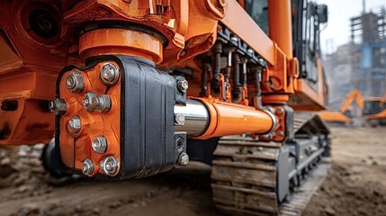 Fototapeta premium Close up of the hydraulic cylinder and track drive system of a heavy duty excavator, showcasing the robust mechanics and engineering behind construction machinery on a bustling work site